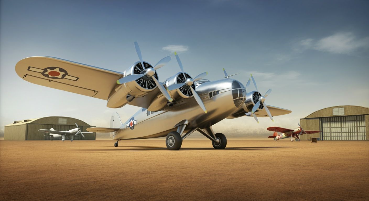 Futuristic 1930s Plane on Dusty Airfield
