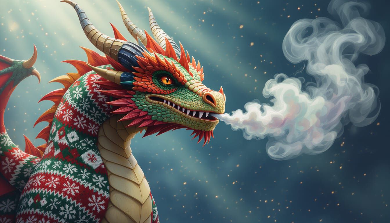 Majestic Dragon with Christmas Sweater Scales Breathes Glitt...