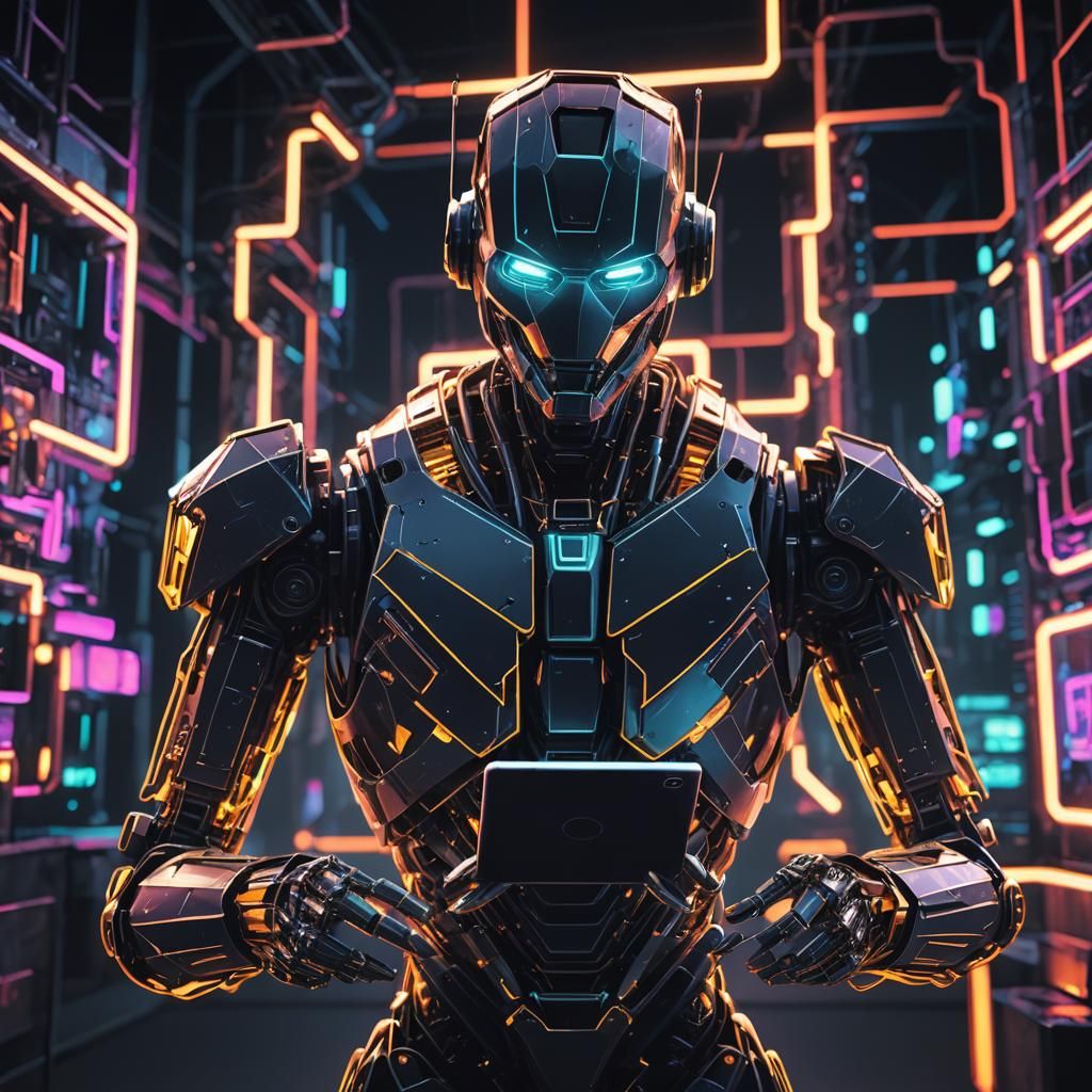 Vibrant Neon Robot in Dark Industrial Landscape