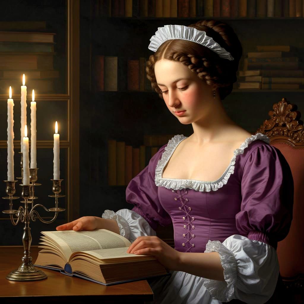 Rococo Maid Reads in Library by Candlelight