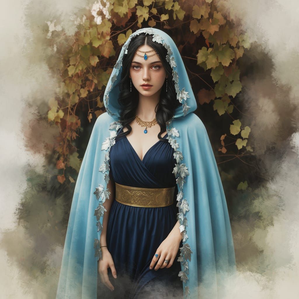 Young Woman in Ethereal Sky-Blue Cloak with Grape Leaf Embro...