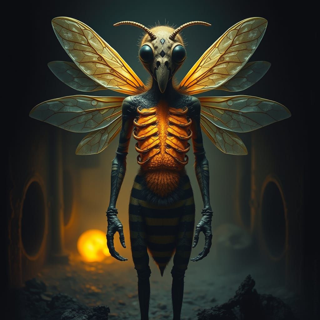 Biomechanical Bee-Human Hybrid in a Dark, Dreamlike Scene