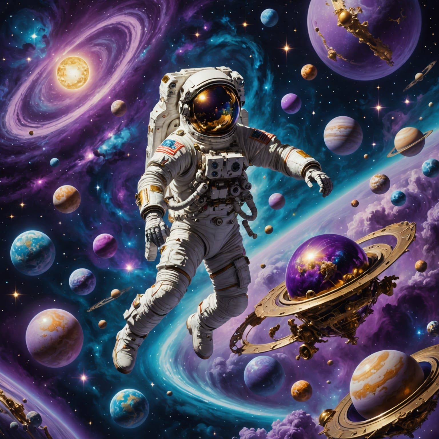 Astronaut in Whimsical Cosmic Landscape with Swirling Planet...