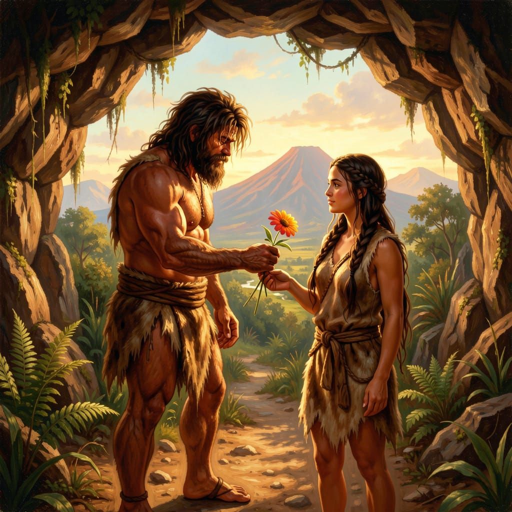 Caveman Offers Flower to Cavewoman in Golden Hour