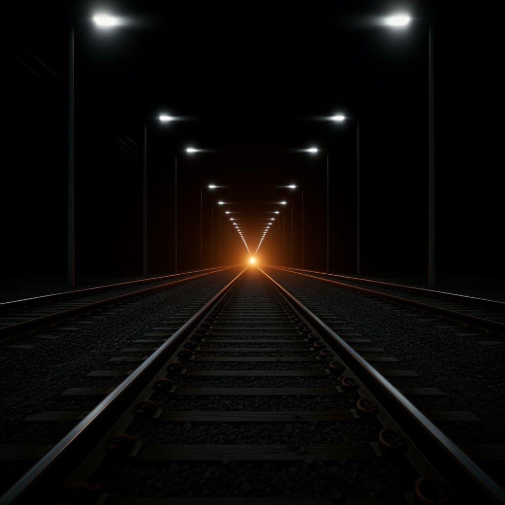 Night Railway Tracks with Vanishing Point Perspective