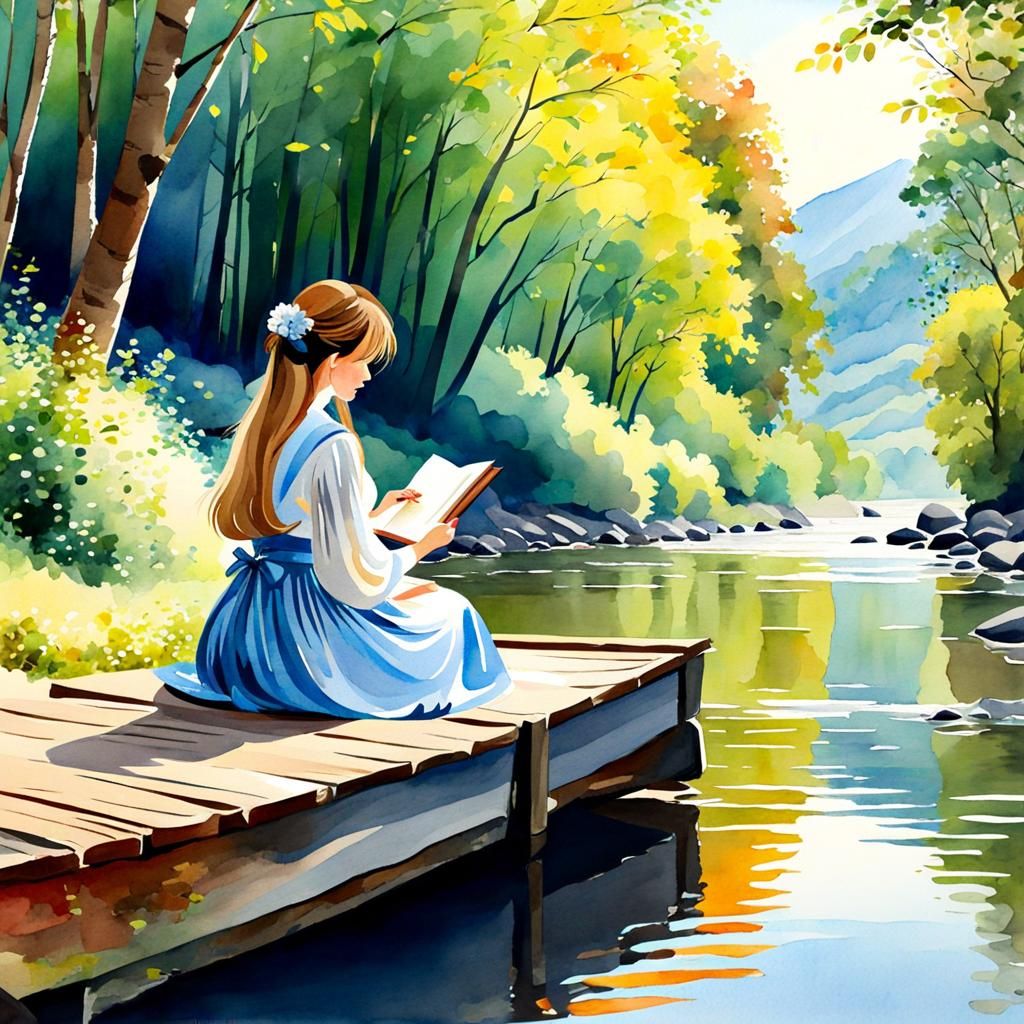 Woman Reading by River in Watercolor Style