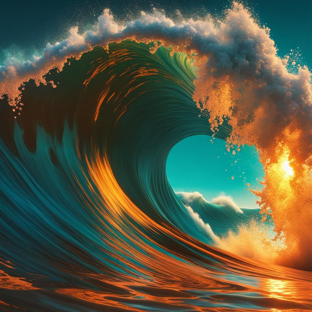 Dynamic Ocean Waves in Art Nouveau Style