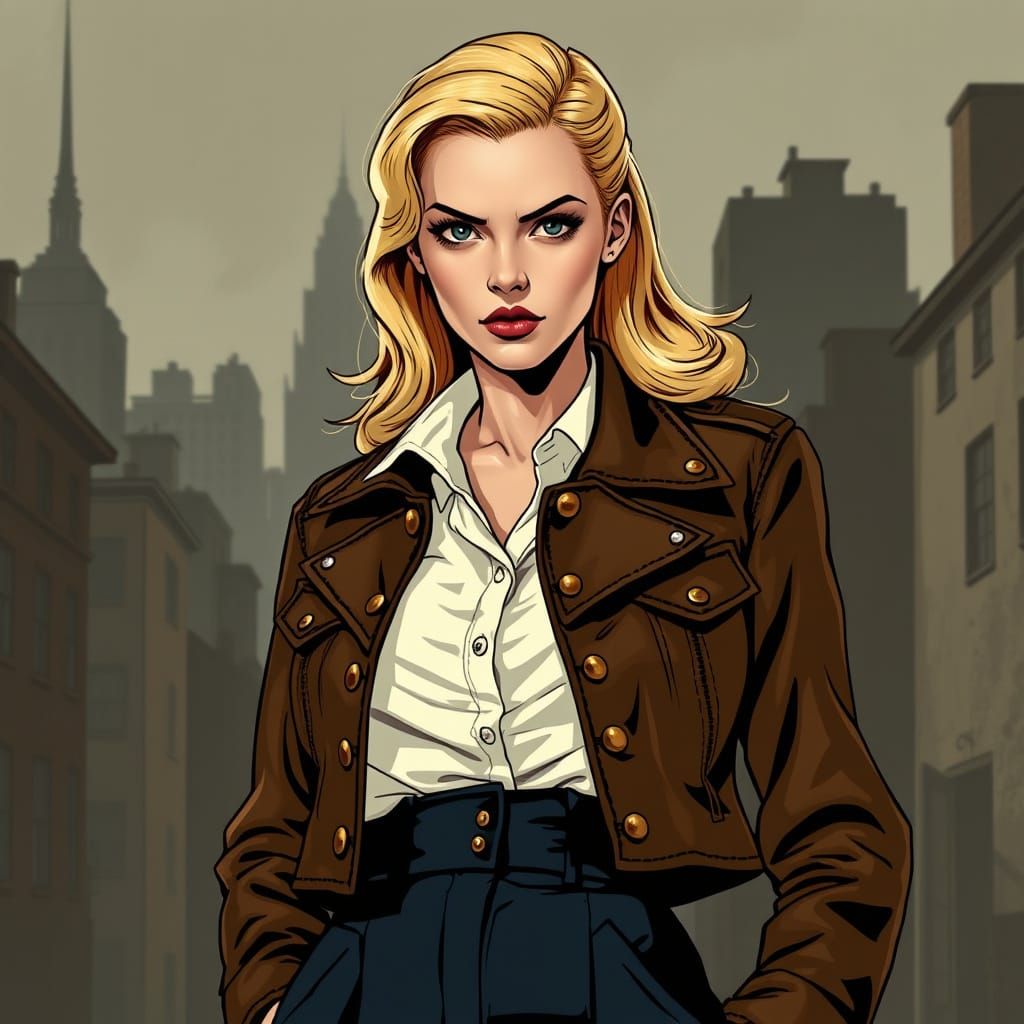 Noir-Inspired Woman in War-Torn Cityscape