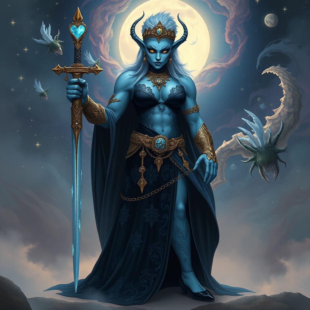 A powerful frost troll queen holding a sword