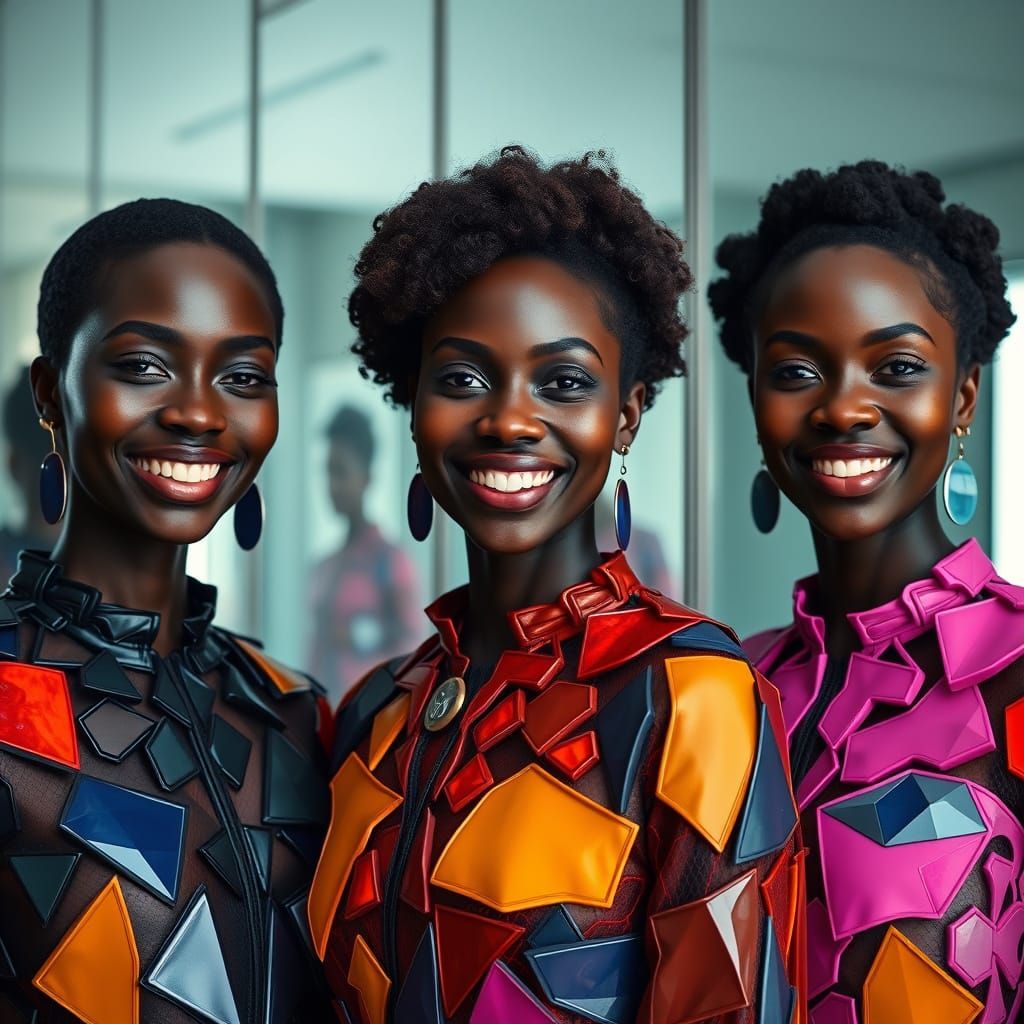 Smiling Women in Geometric Garments, Abstract Art Style