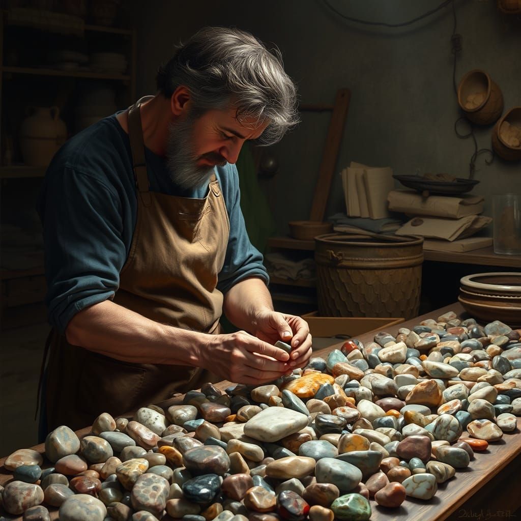 Artisan Sorting Polished River Stones in Studio