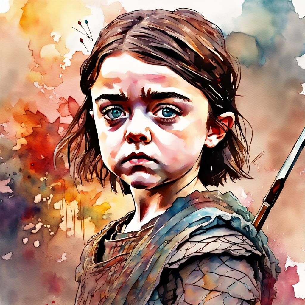Chibi Arya Stark as Watercolor Fantasy Art