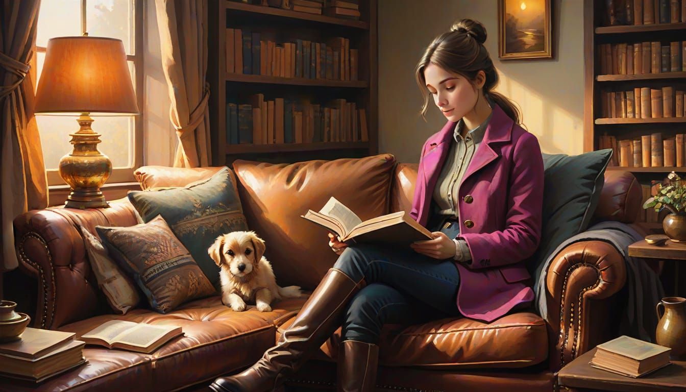 Woman Reads in a Cozy, Warmly Lit Study
