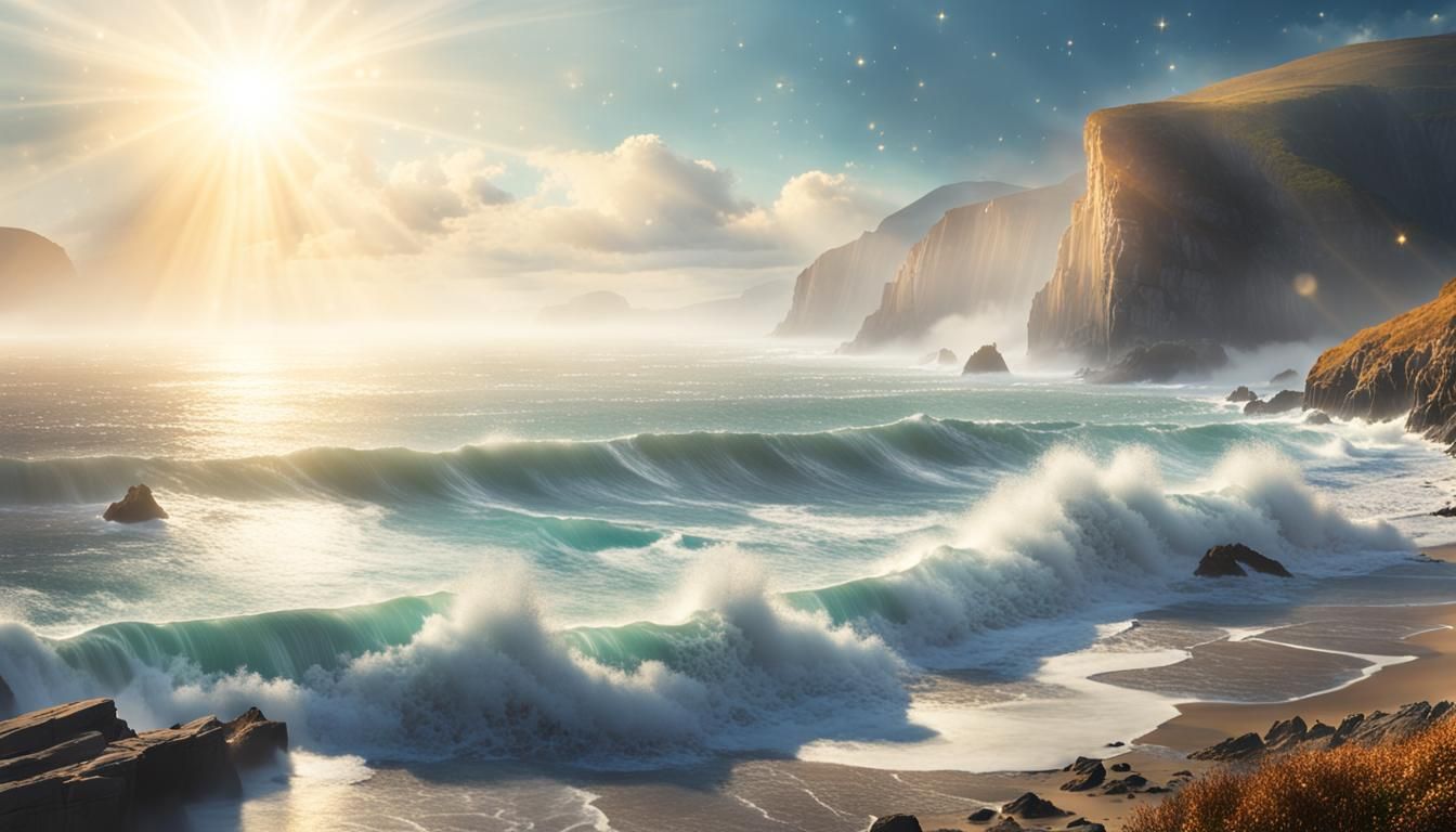 Misty Coastline: Crashing Waves in Dreamy Light