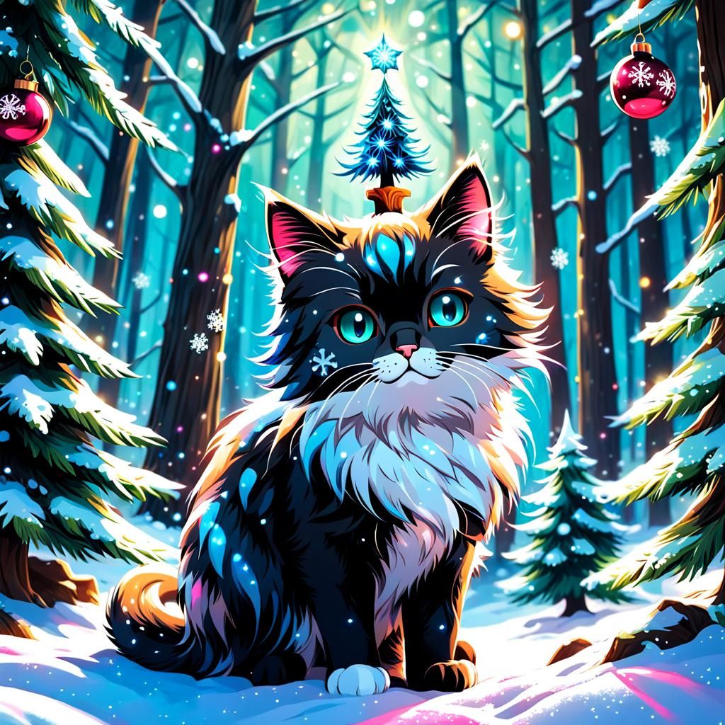 Anime Christmas Tree Cat in Graffiti Art Style