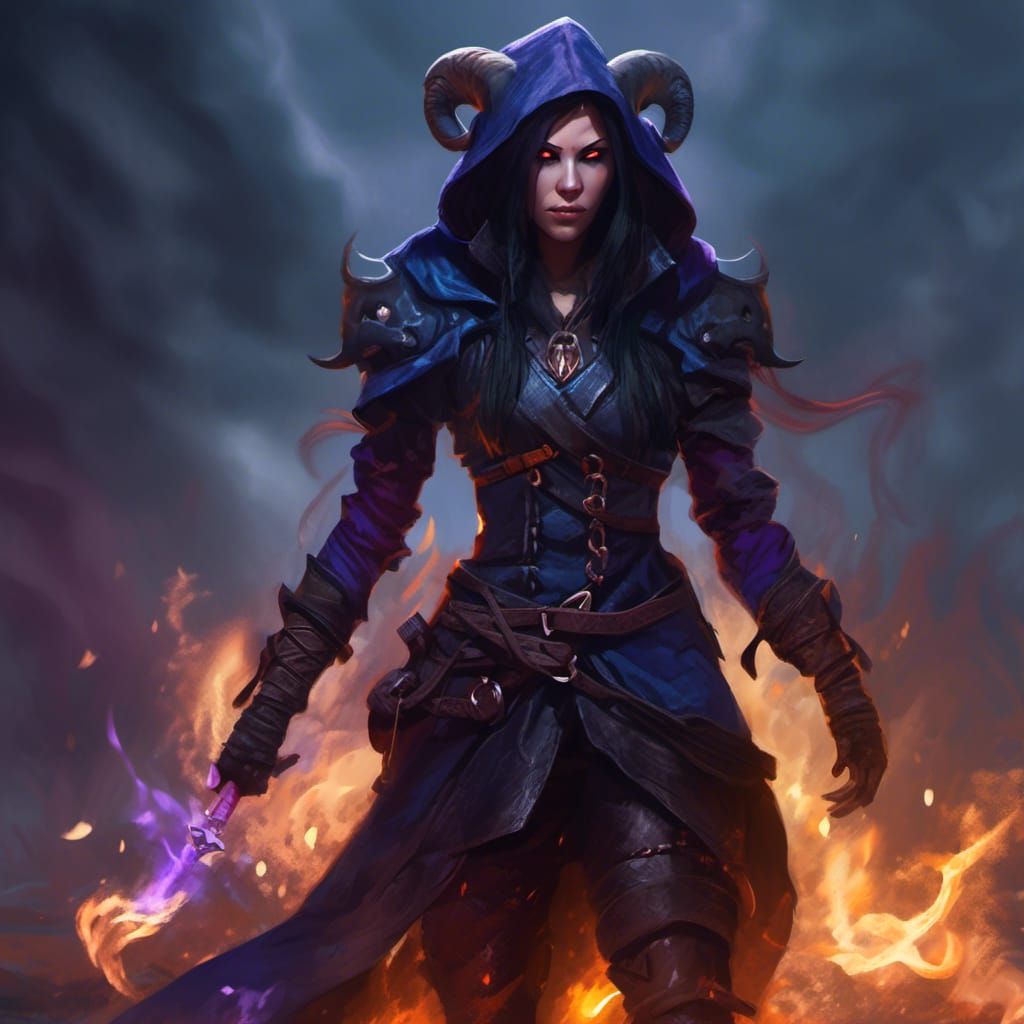 Tiefling Rogue with Glowing Eyes and Ghost Fires