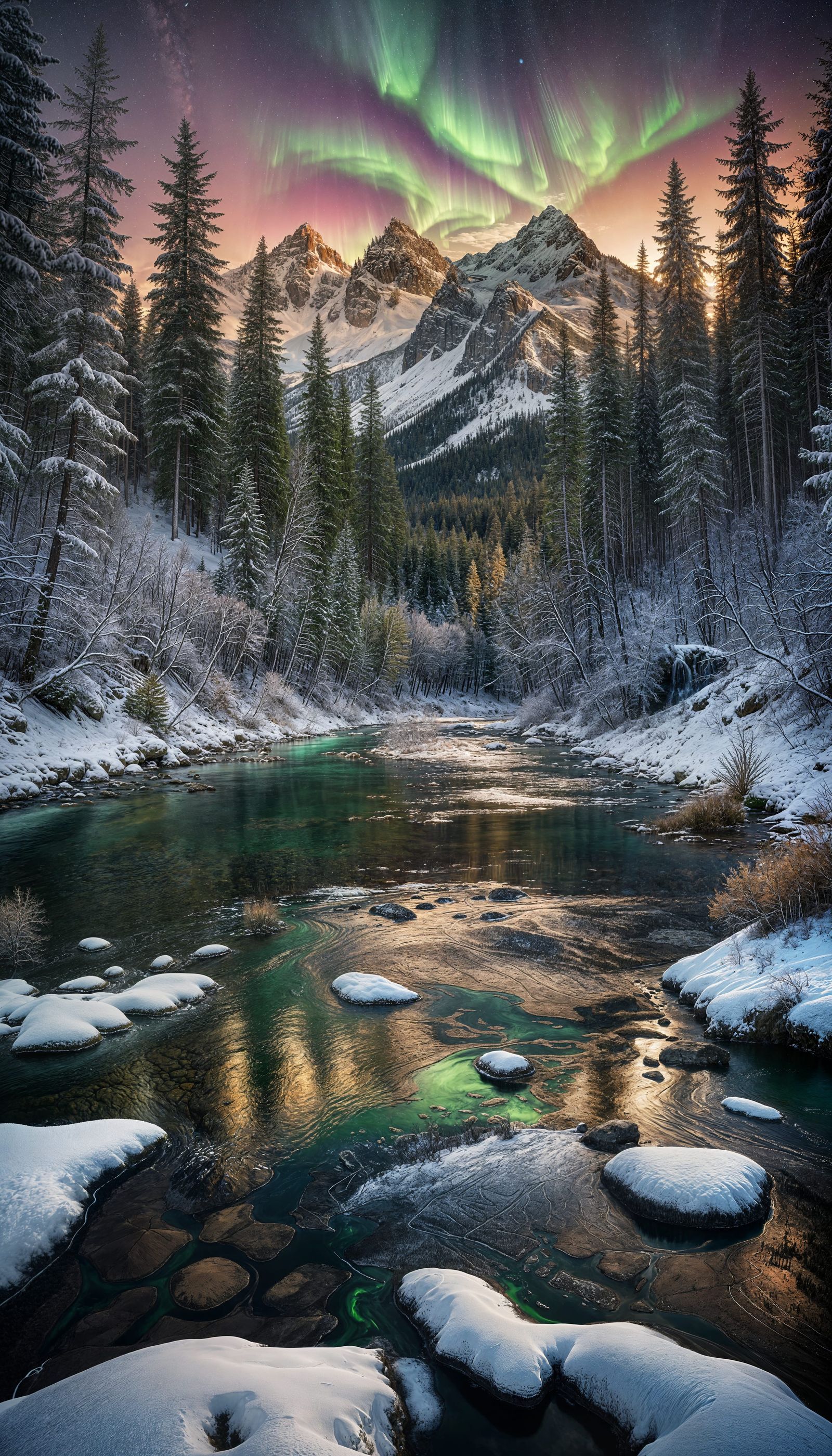 Majestic Mountains and Aurora Borealis Over Forest