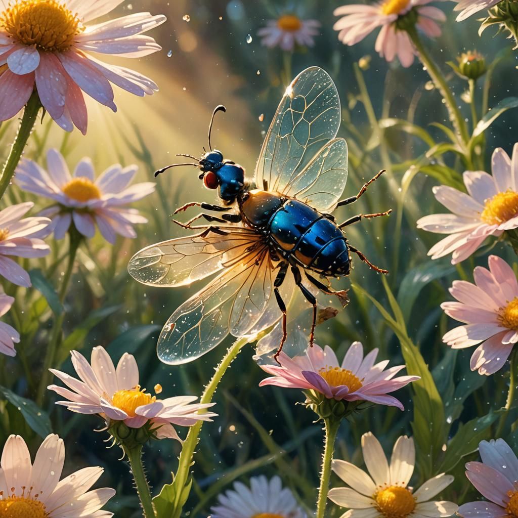 Lovely Bug Rides Flower Petal: Watercolor Art