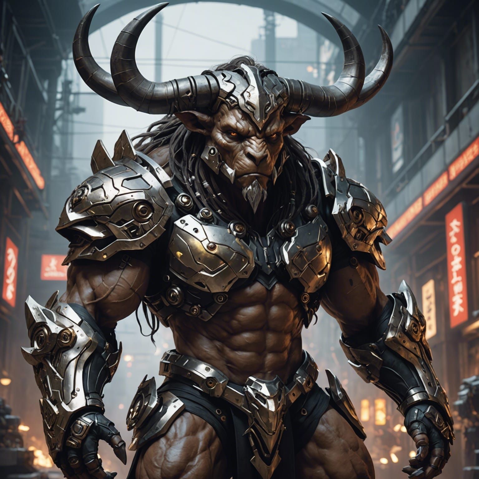 Cybernetic Minotaur in 3D Anime Art Style