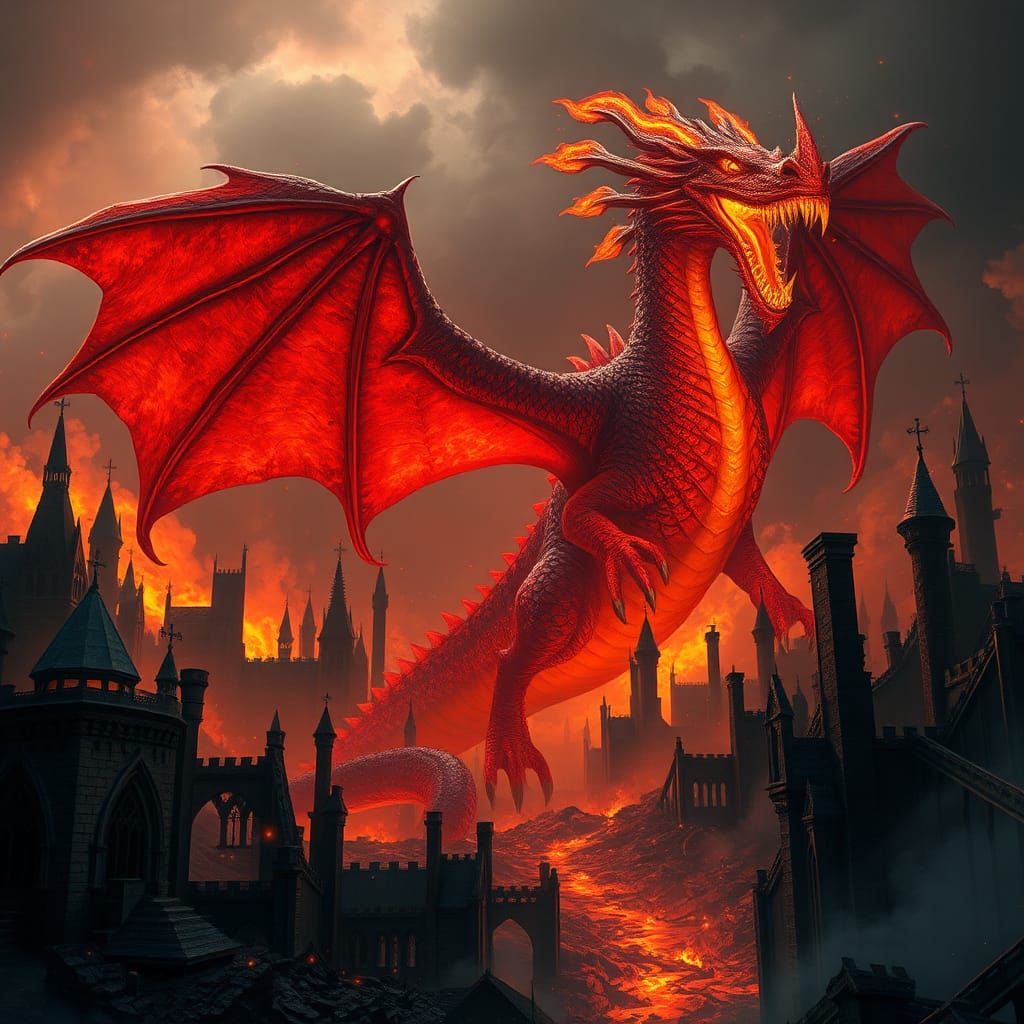 Fiery Red Dragon Awakens in Ruined City