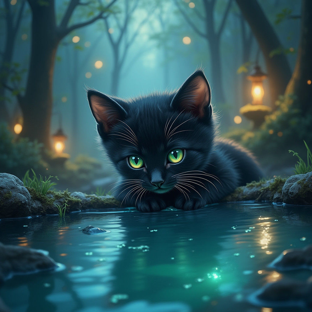 Kitten in Enchanted Forest, Dreamy Surrealism