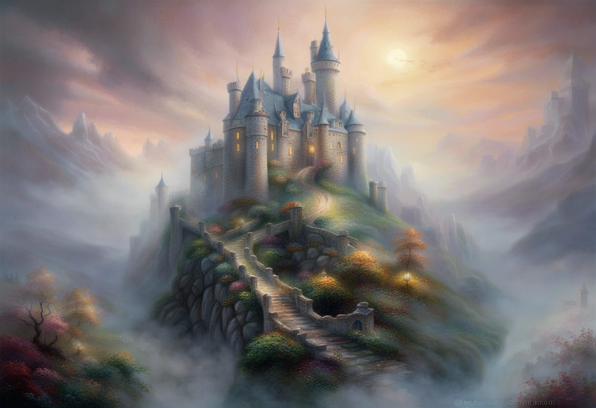 Ethereal Smoke Castle in Mist, Fantasy Art