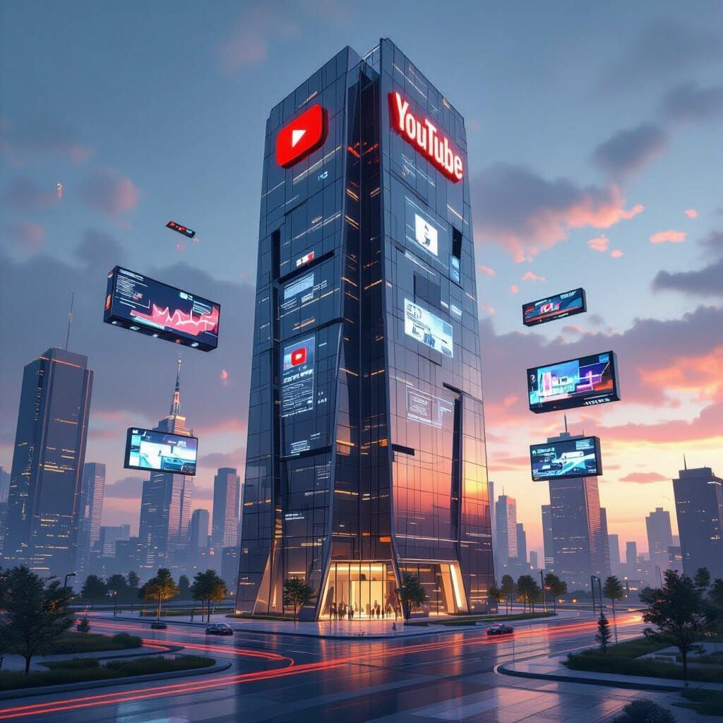 Futuristic YouTube HQ in Modern City, Animated Style