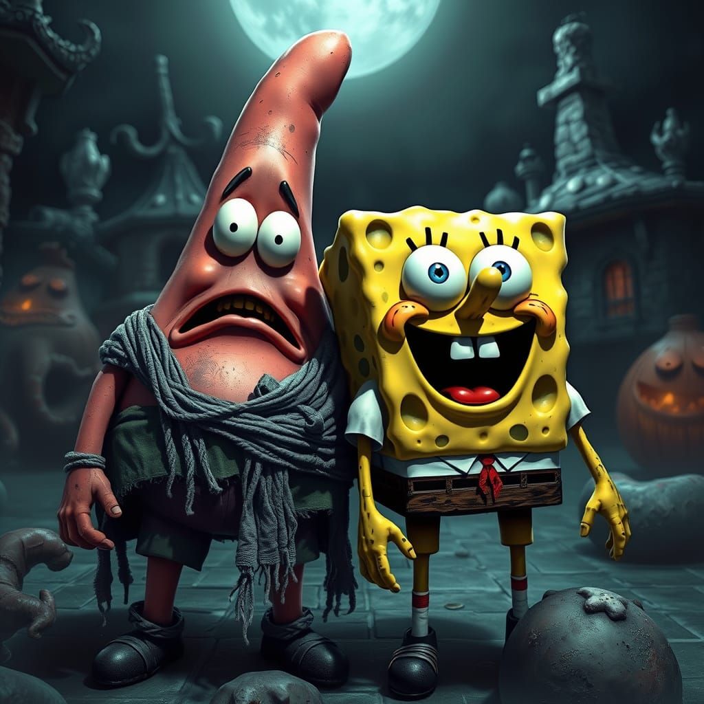 Scary Realistic Spongebob and Patrick Star in Horror Style