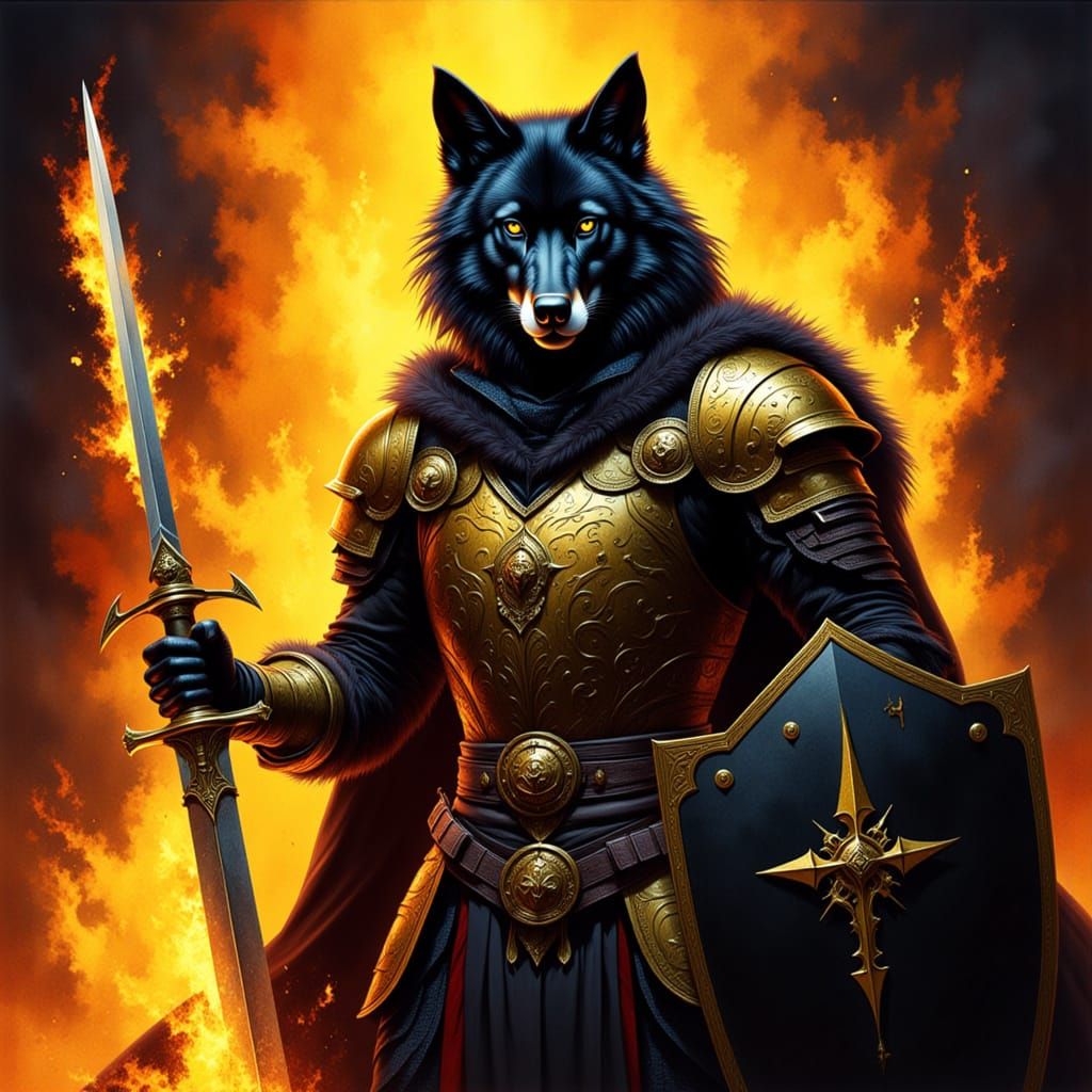 Armored Wolf with Flaming Sword in Dark Fantasy Style
