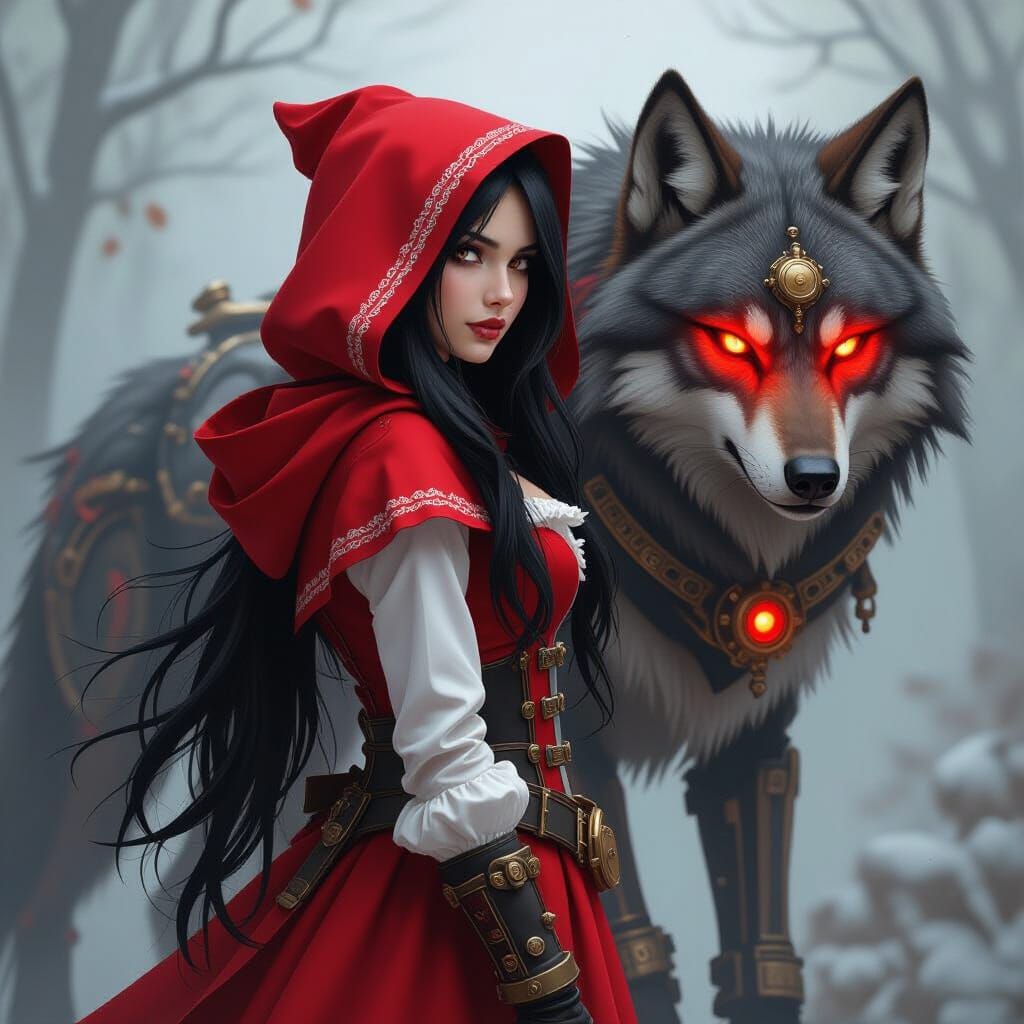 Steampunk Red Riding Hood with Mechanical Wolf Guardian