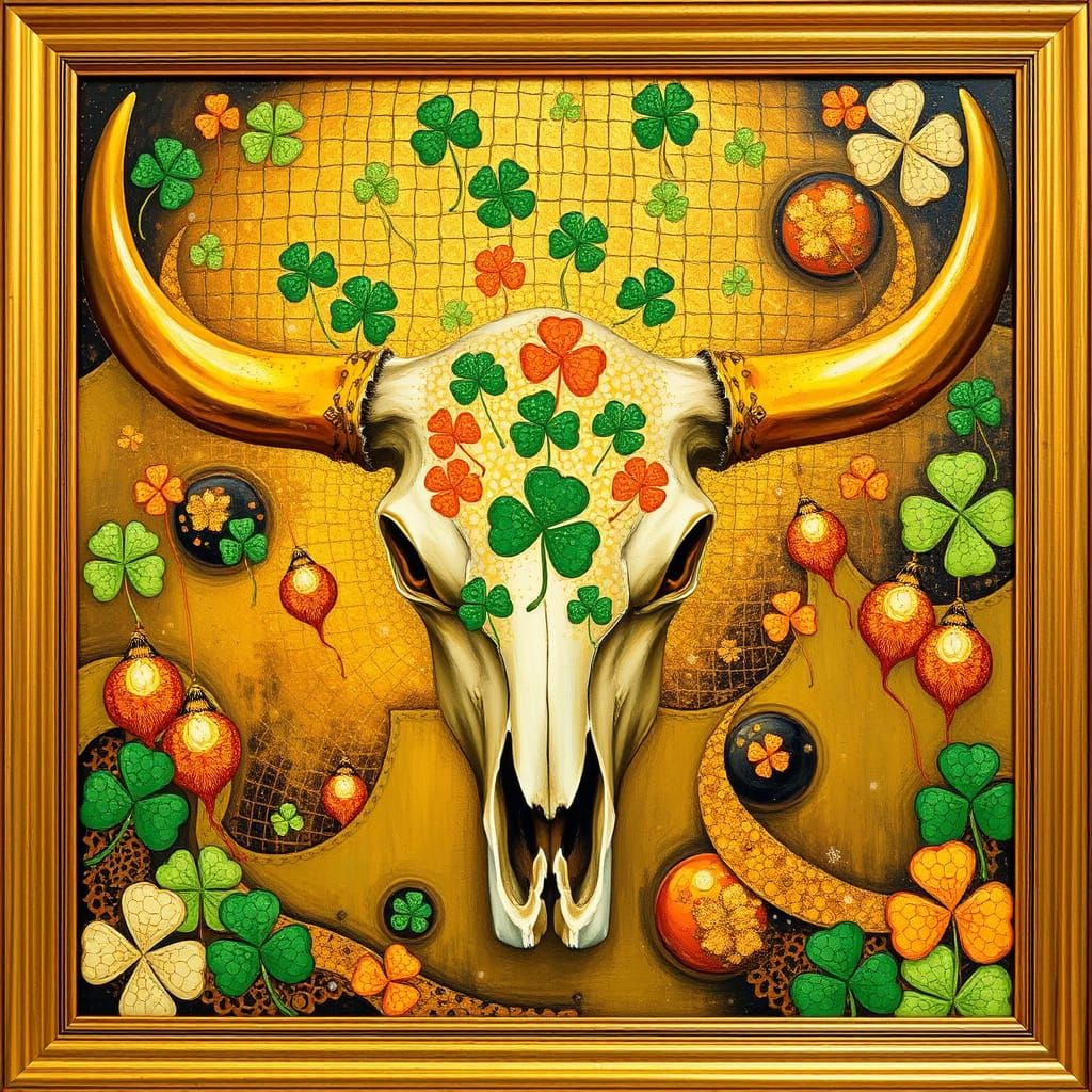 Golden-Horned Cow Skull in Dreamlike Setting