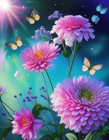 Carnations in Fantasy Garden: Hyperrealistic Whimsical Paint...