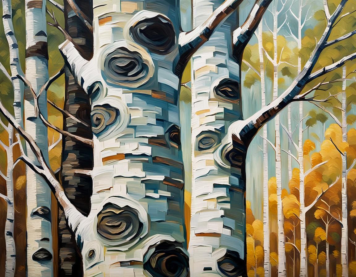 Birch Tree in Sun-Dappled Forest, Impressionist Oil Painting