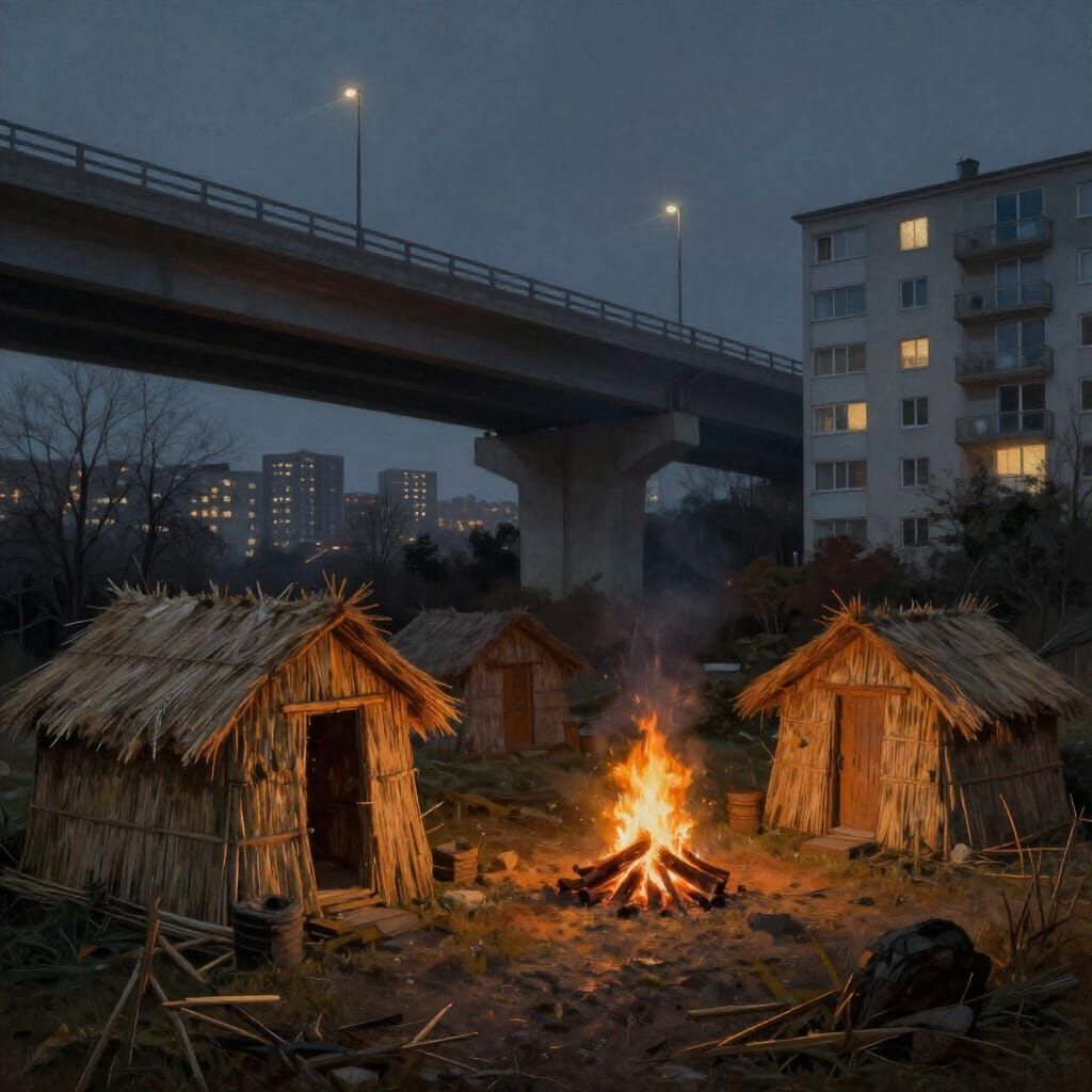 Village Beneath Overpass in Hyperrealistic Style