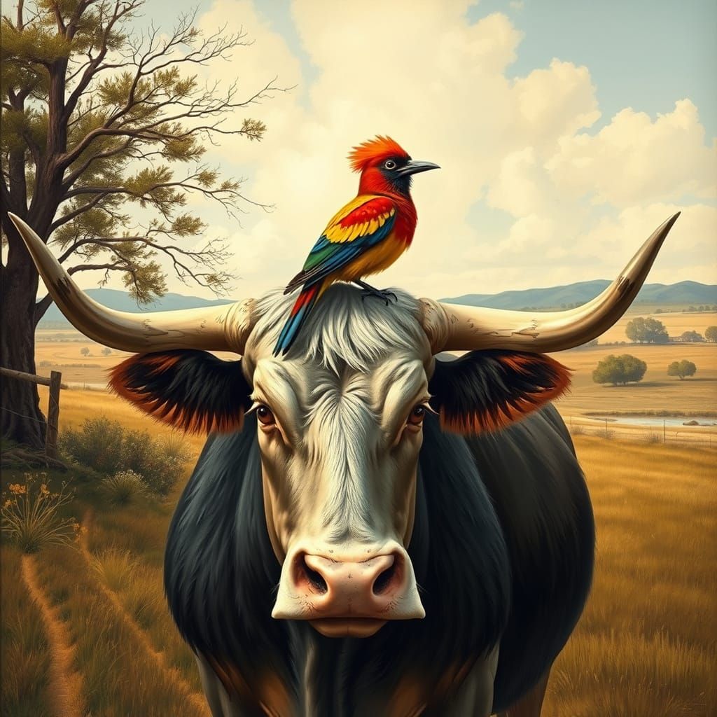 Ox with Bullock Bird in Serene Landscape