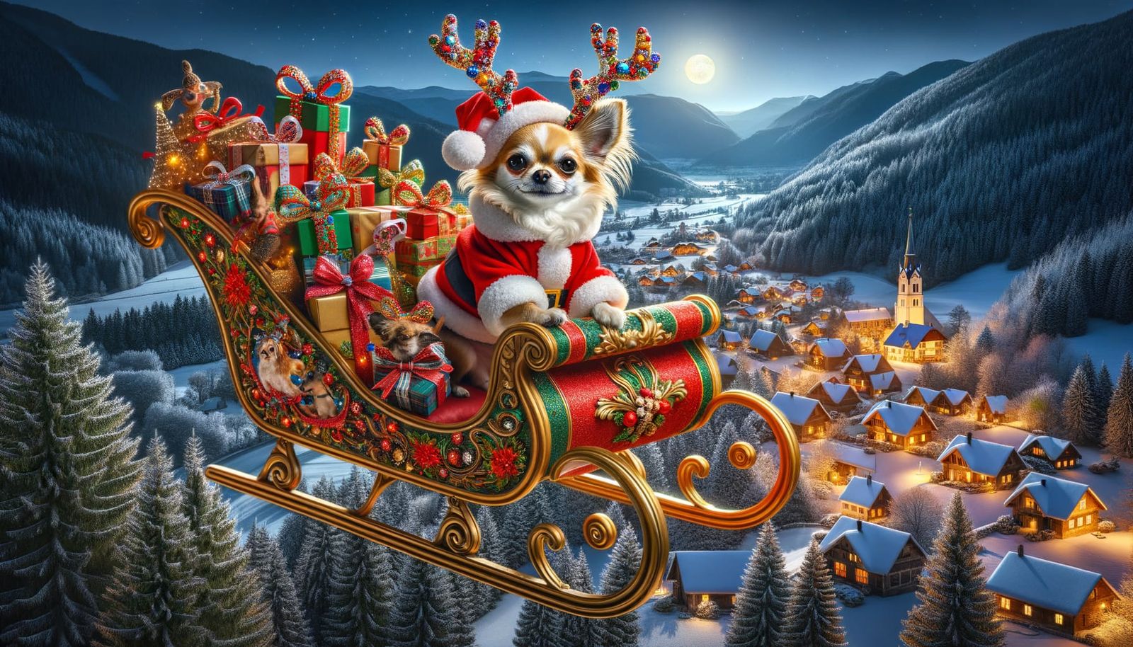Chihuahua Santa's Sleigh Ride Through Snowy Village