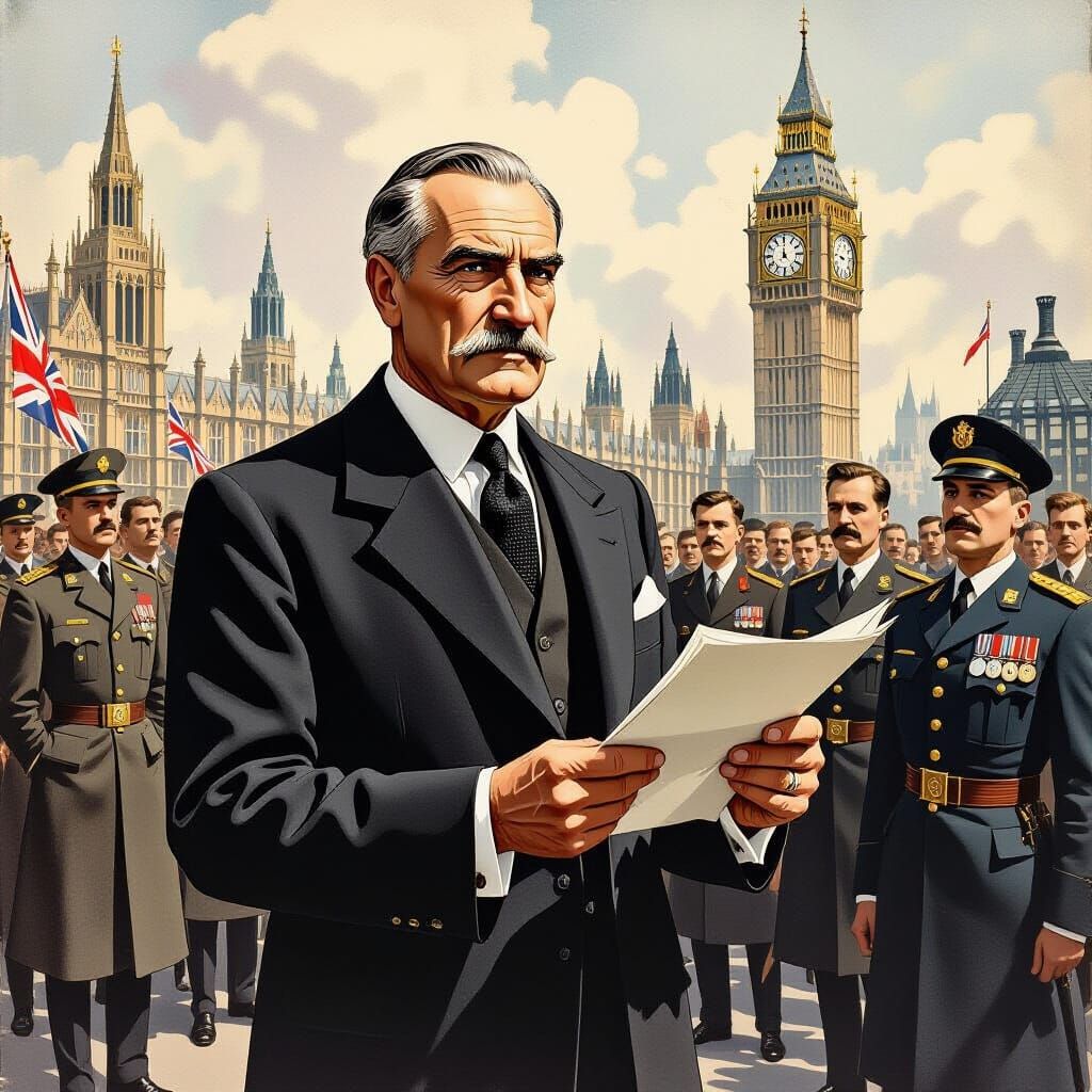 Chamberlain Announces War in Charcoal Drawing Style