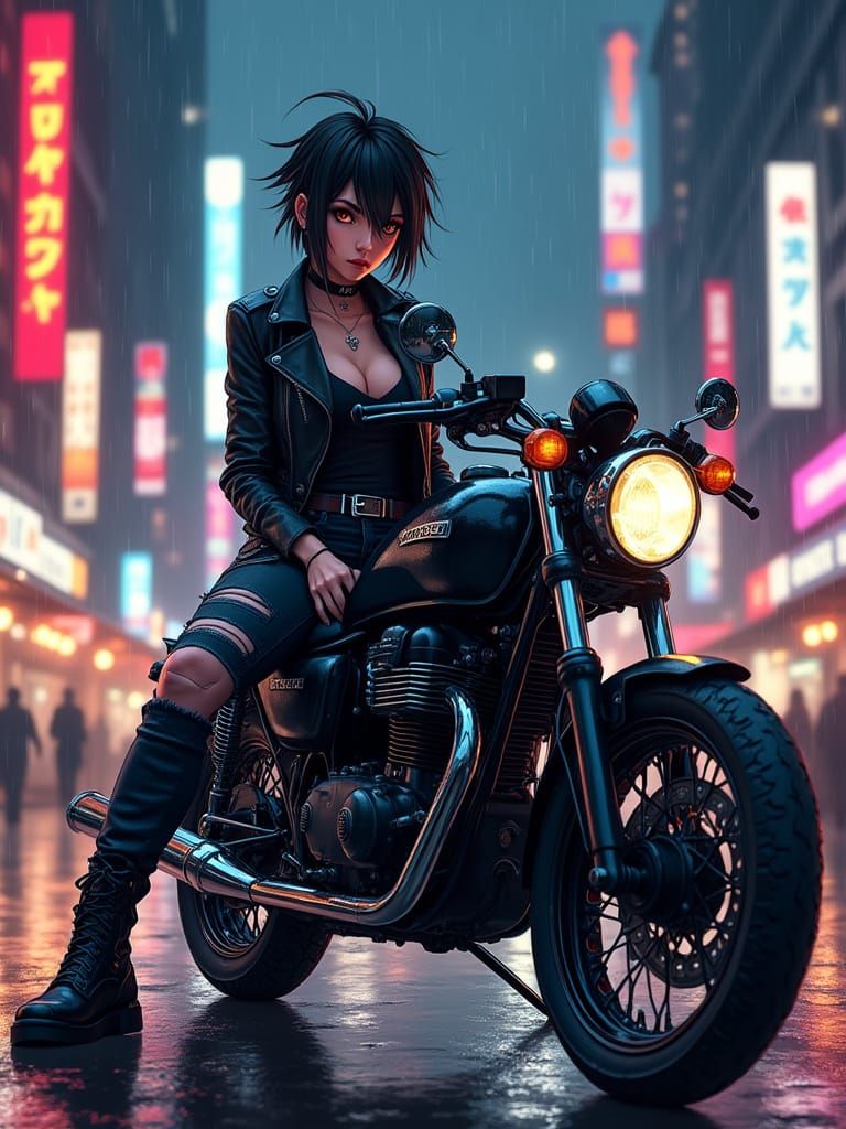 Confident Biker Woman in Neon Cityscape