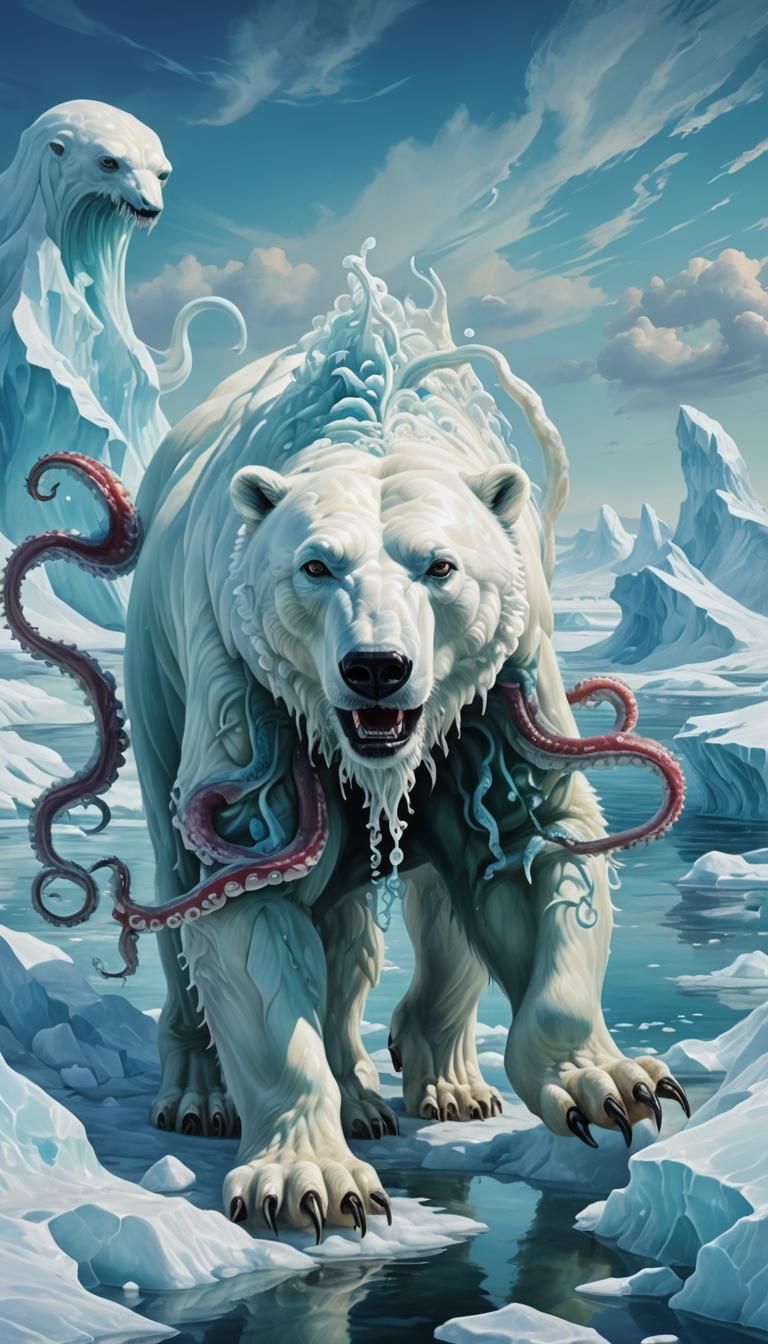Polar Bear Octopus Hybrid on Icy Shore as Digital Art