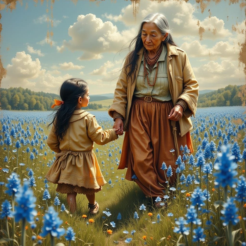 Elderly Native American Grandmother and Child in Wildflower ...