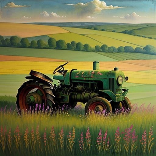 A Vintage Tractor Amidst a Lush Meadow Landscape