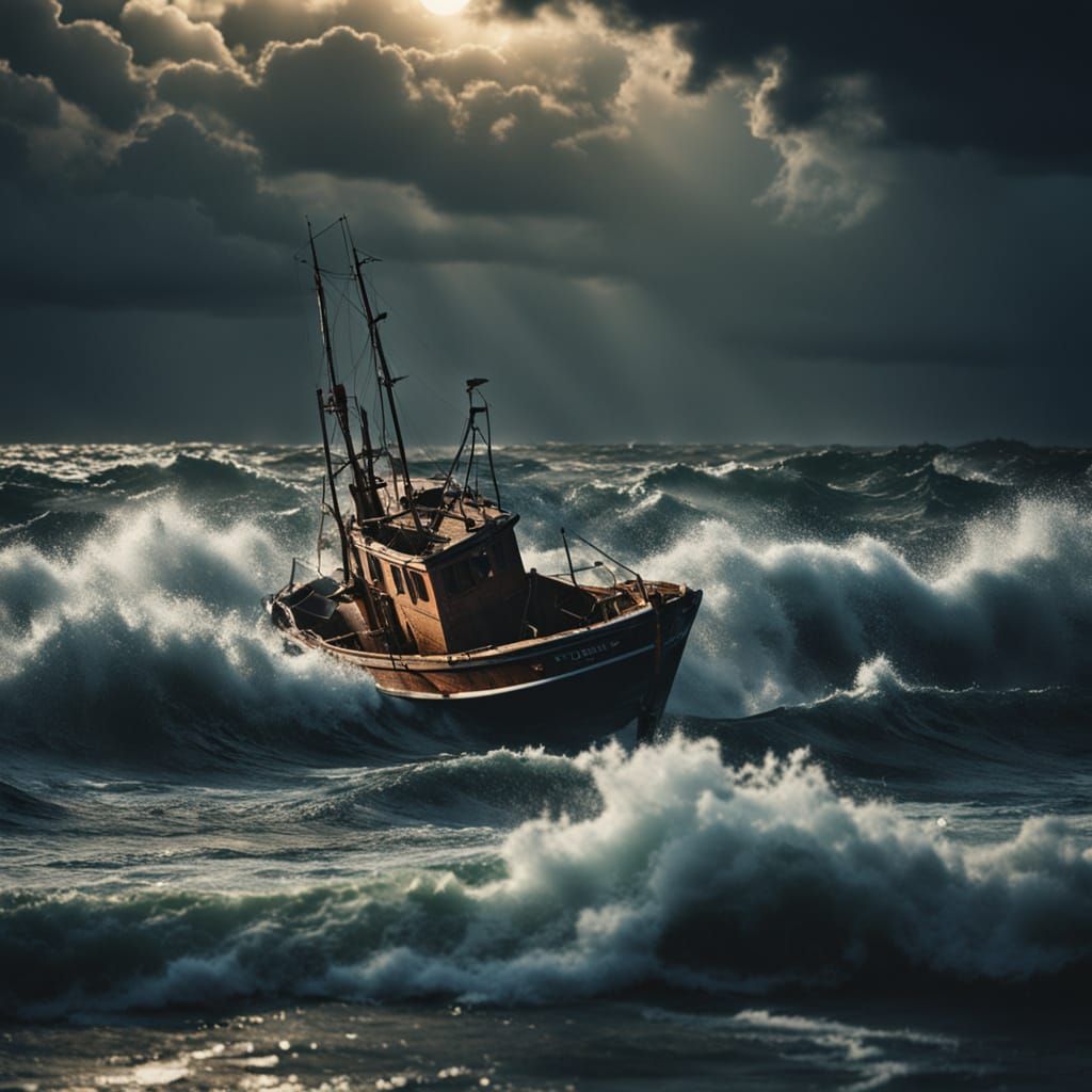 Fishing Boat in Stormy Sea at Night
