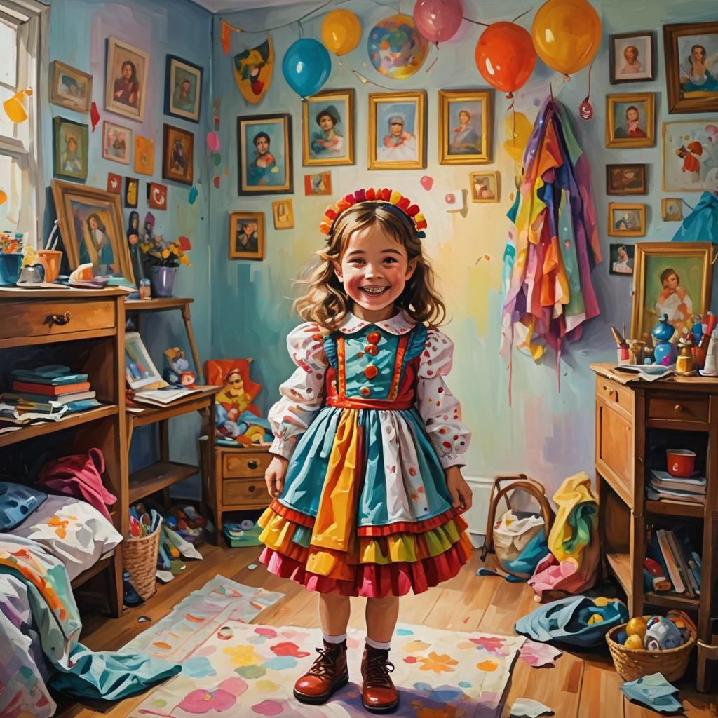 Playful Girl in Bedroom as Oil Painting