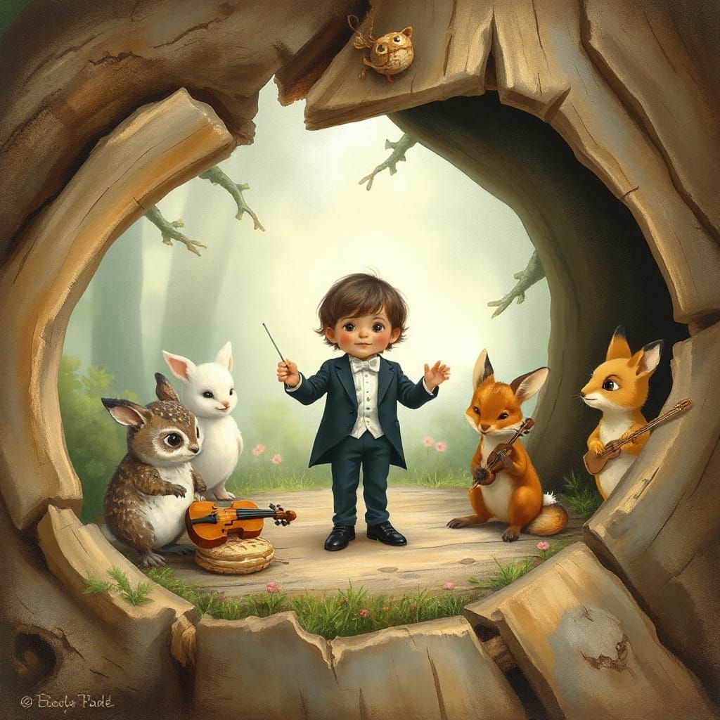 Woodland Symphony: Child Conductor in Hollow Tree
