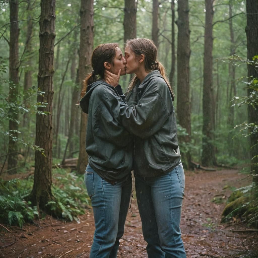 Women Kissing in Rainy Woods: Cinematic Film Still