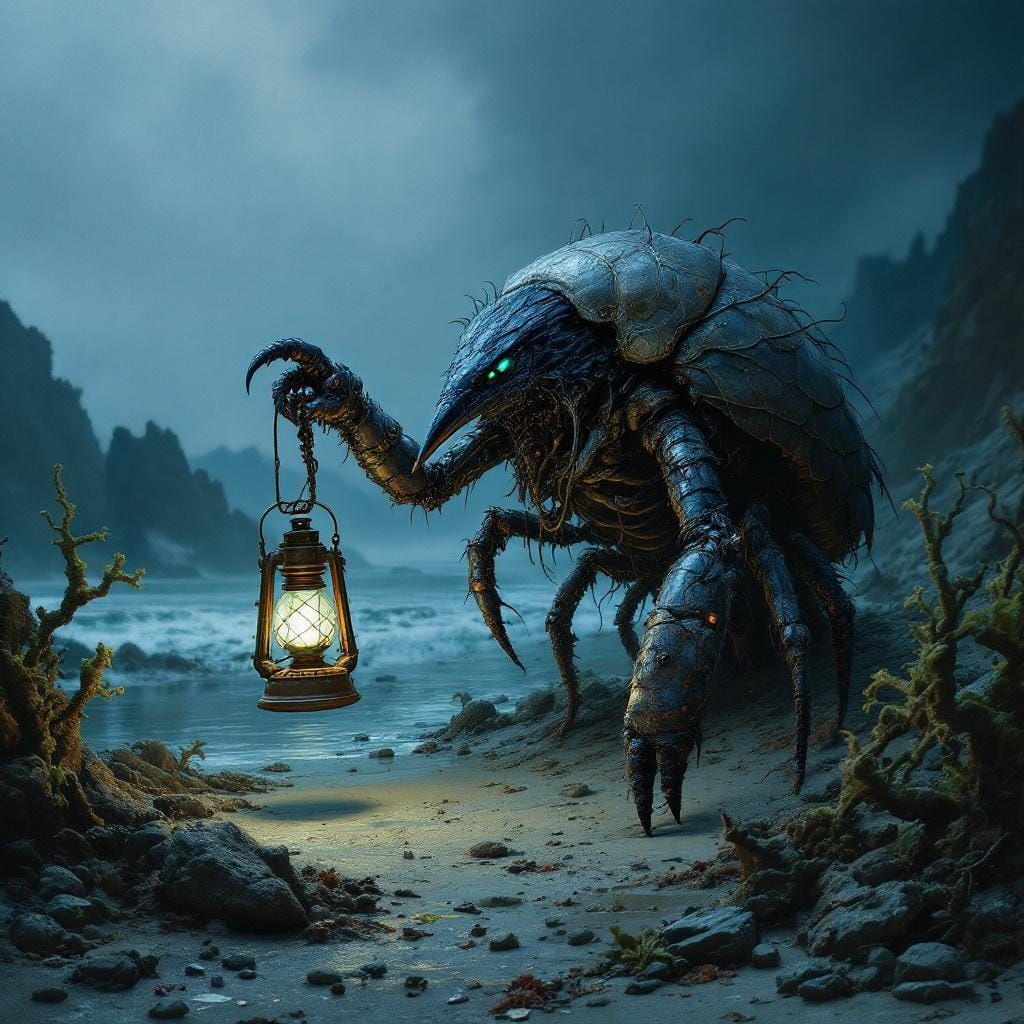 Raven-Crab Hybrid Sentinel on Desolate Shoreline