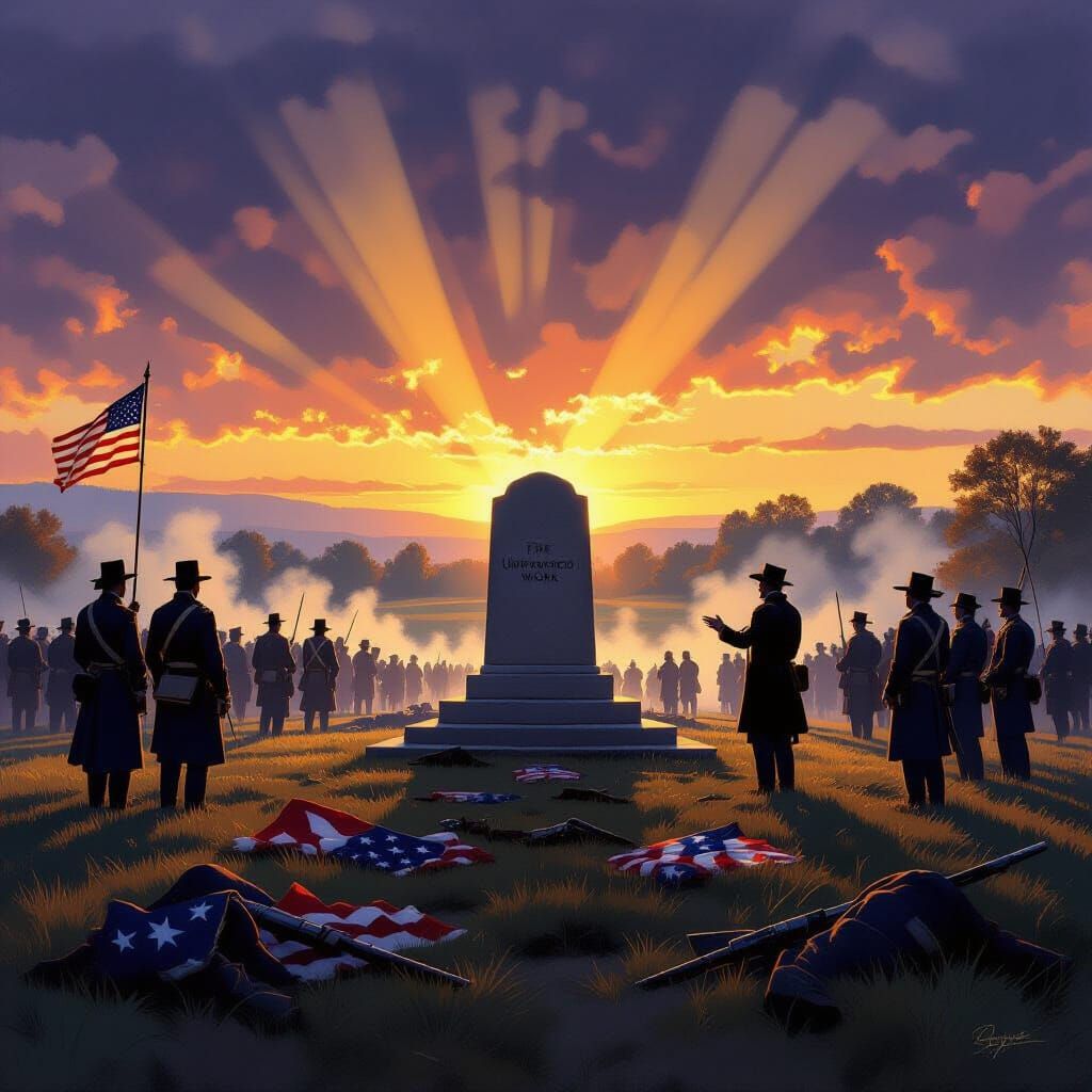 Solemn Gettysburg Battlefield at Sunset with Spectral Soldie...