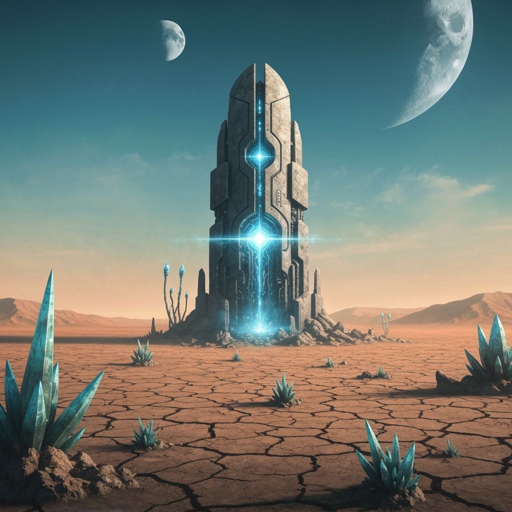 Monolithic Alien Artifact in Surreal Desert Landscape