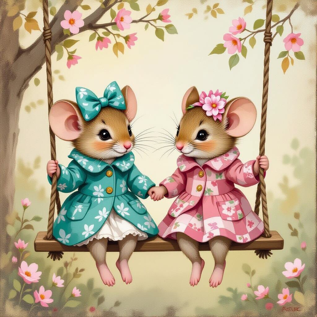 Two Girl Mice on a Tree Swing in Vintage Painterly Style