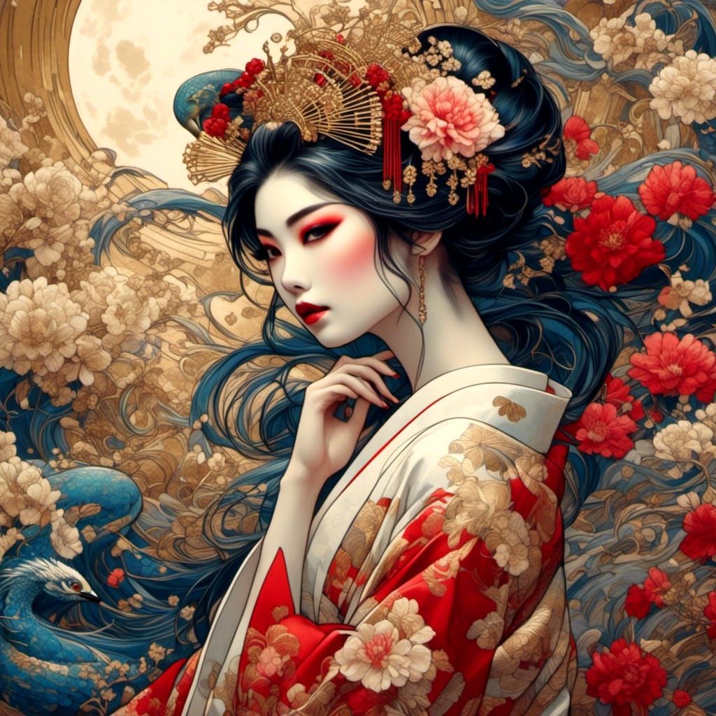 Geisha in Zen Garden: Art Deco Nouveau Style